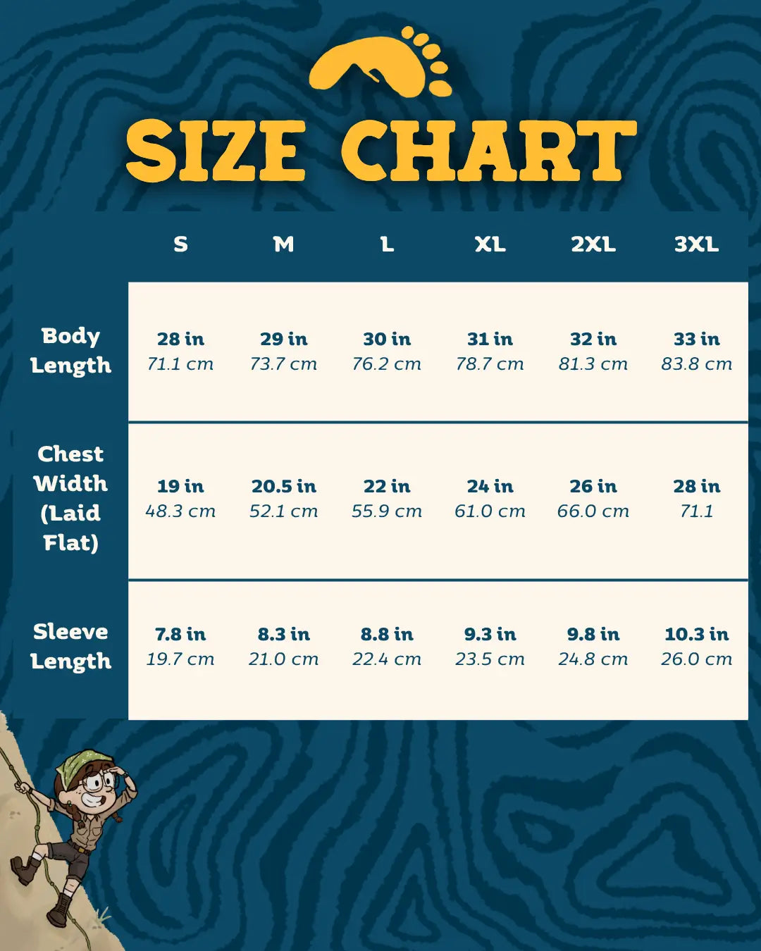 Size chart for clothing with measurements in inches and centimeters on a blue background with a cartoon character.