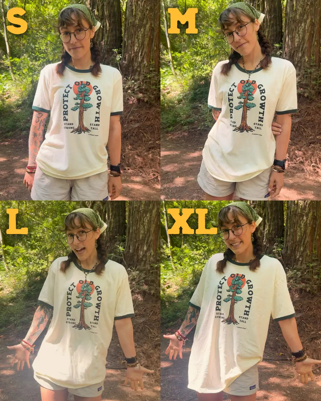 Person wearing a t-shirt with a tree design in various sizes outdoors.